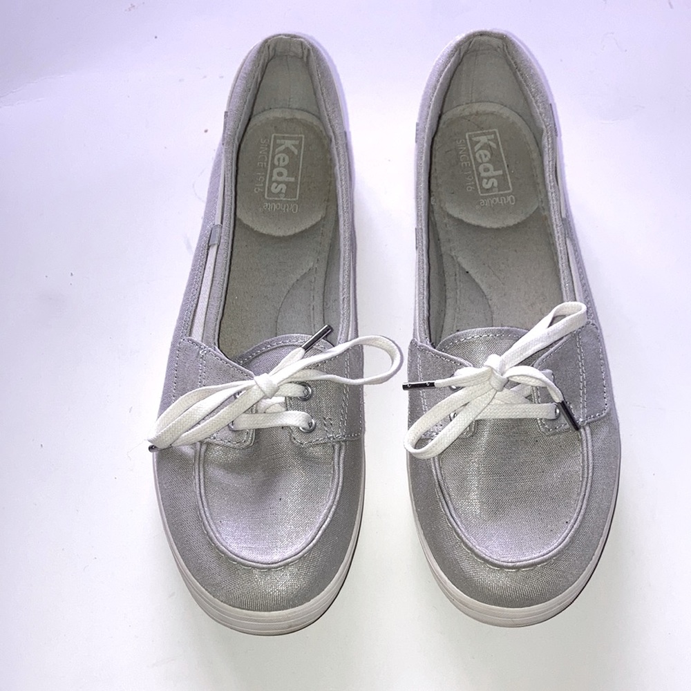 Keds slip on shoes. Silver shimmer tone. Size 10.